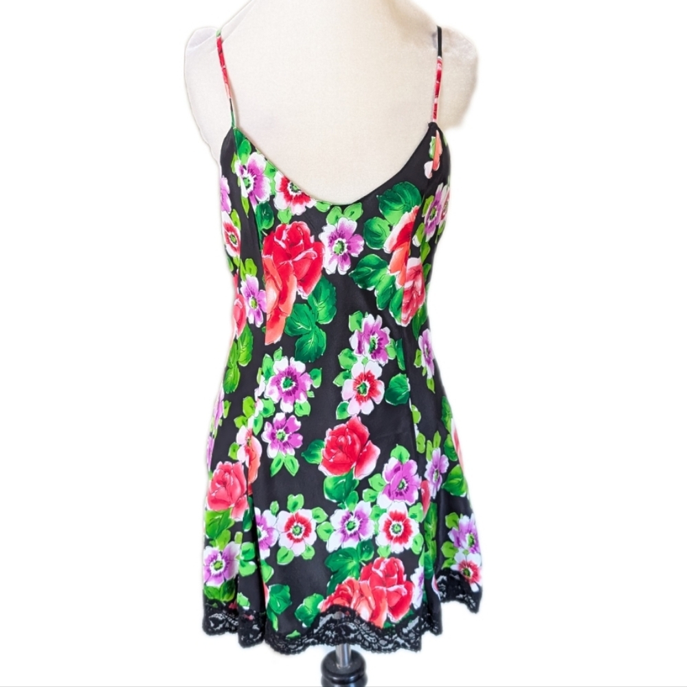 Vintage Victoria's Secret Nightie Small Black Floral Slip Dress Spaghetti Straps
